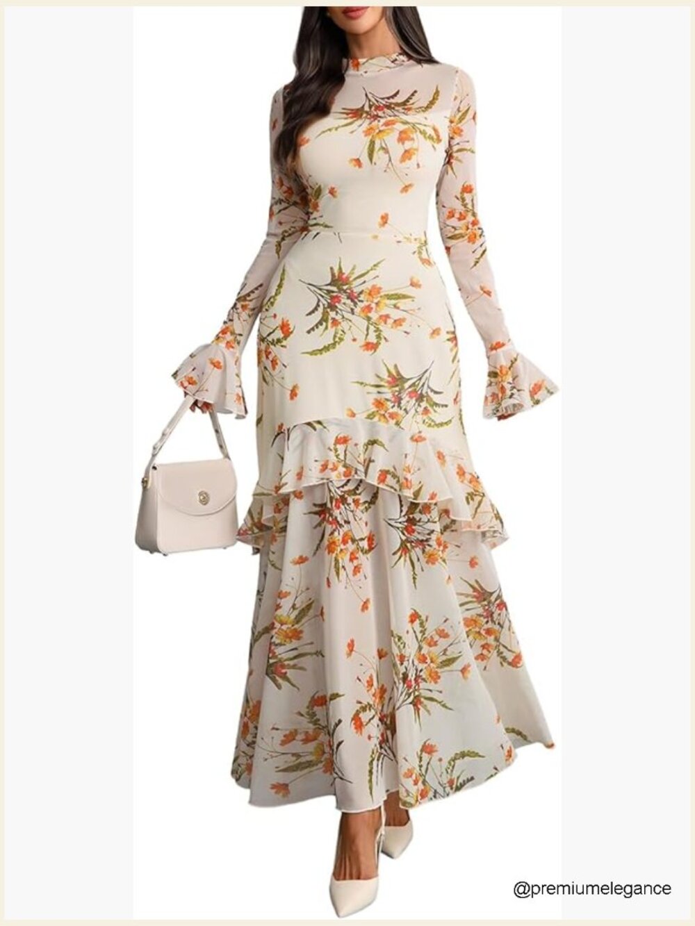 Floral Maxi Dress Sheer Mesh Bell Sleeve Tiered Ruffle Gothic Romantic Casual